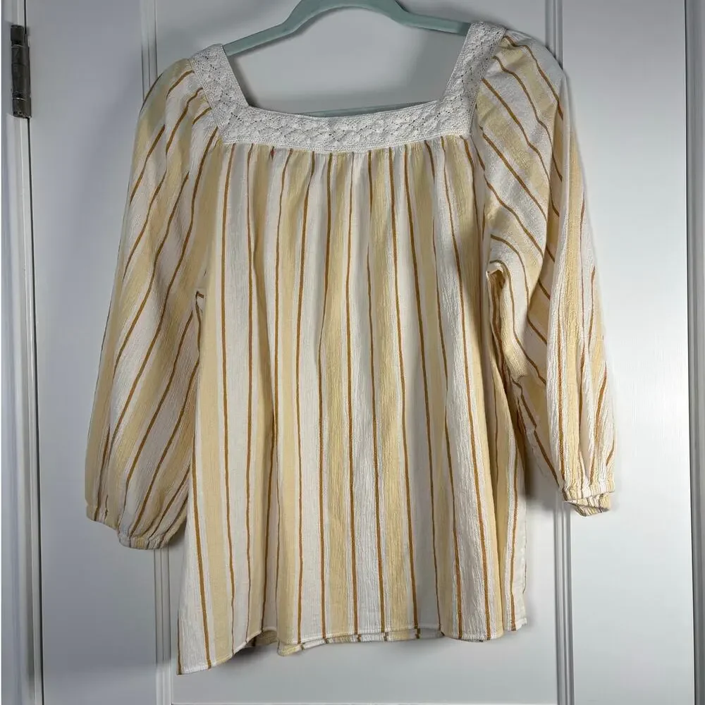 LC Lauren Conrad Striped Square Neck Lace Blouse Boho Yellow Cream Coquette L - Picture 2 of 4